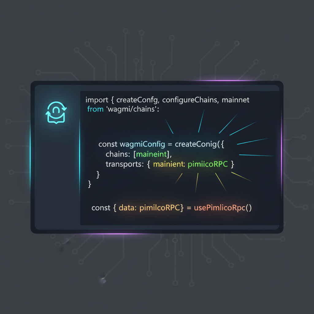 code snippet wagmi config with pimlico rpc, react hooks glowing, dark mode editor