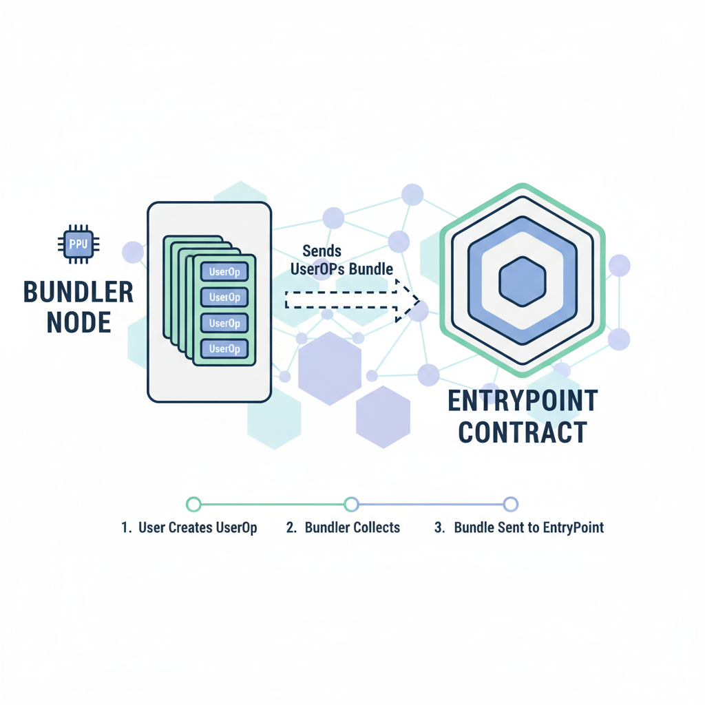 bundler node sending userops bundle to entrypoint contract, blockchain network illustration