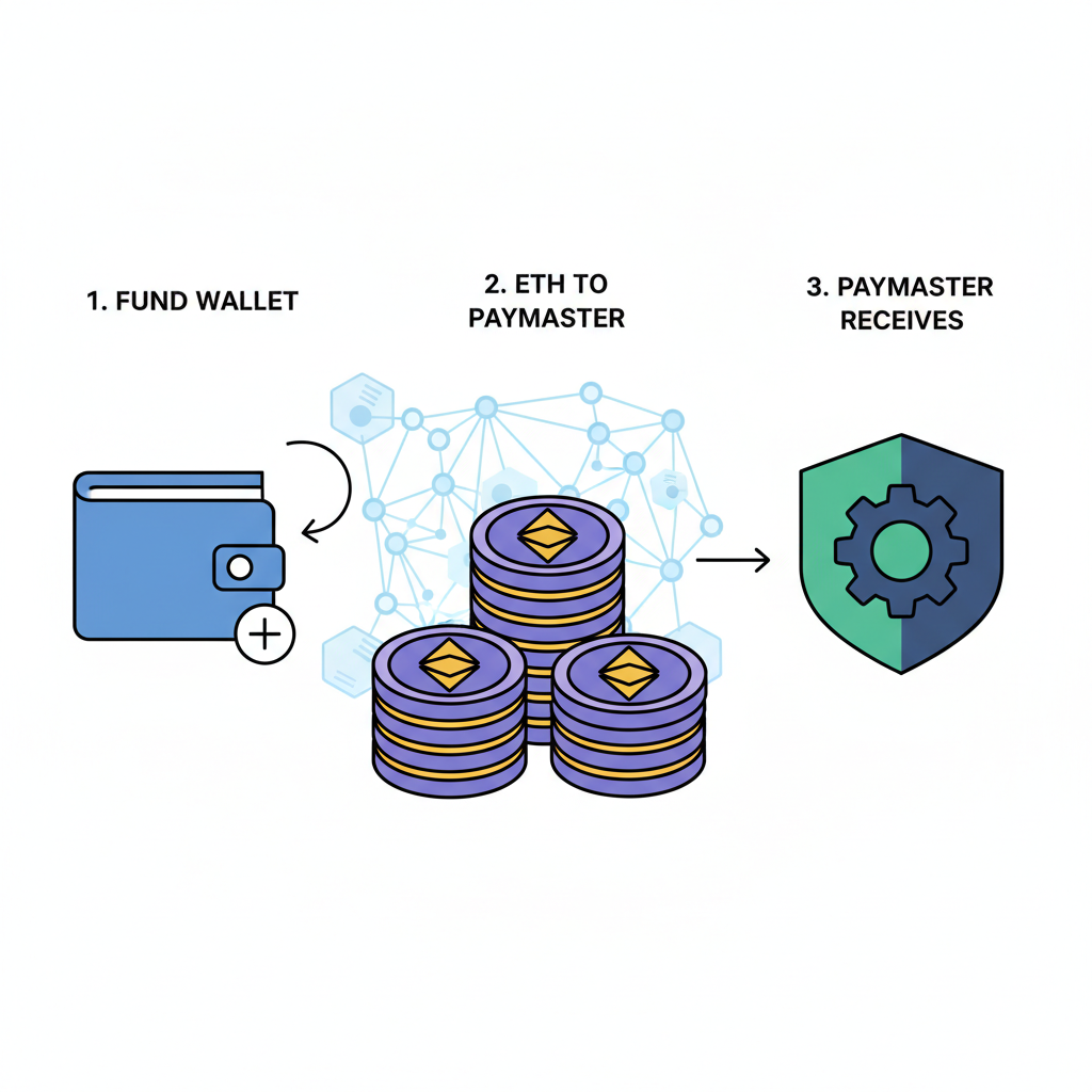 wallet funding Ethereum paymaster, ETH coins stacking, blockchain network visualization