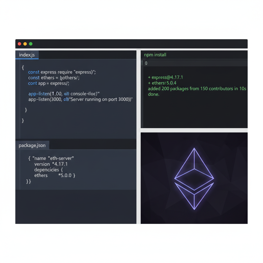 Node.js server setup screen with ethers.js import, package.json, terminal installing dependencies, Ethereum logo, code editor dark theme