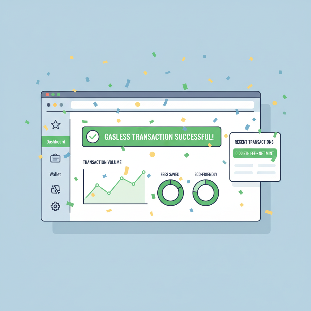 testing dashboard with successful gasless tx, charts and confetti, modern ui