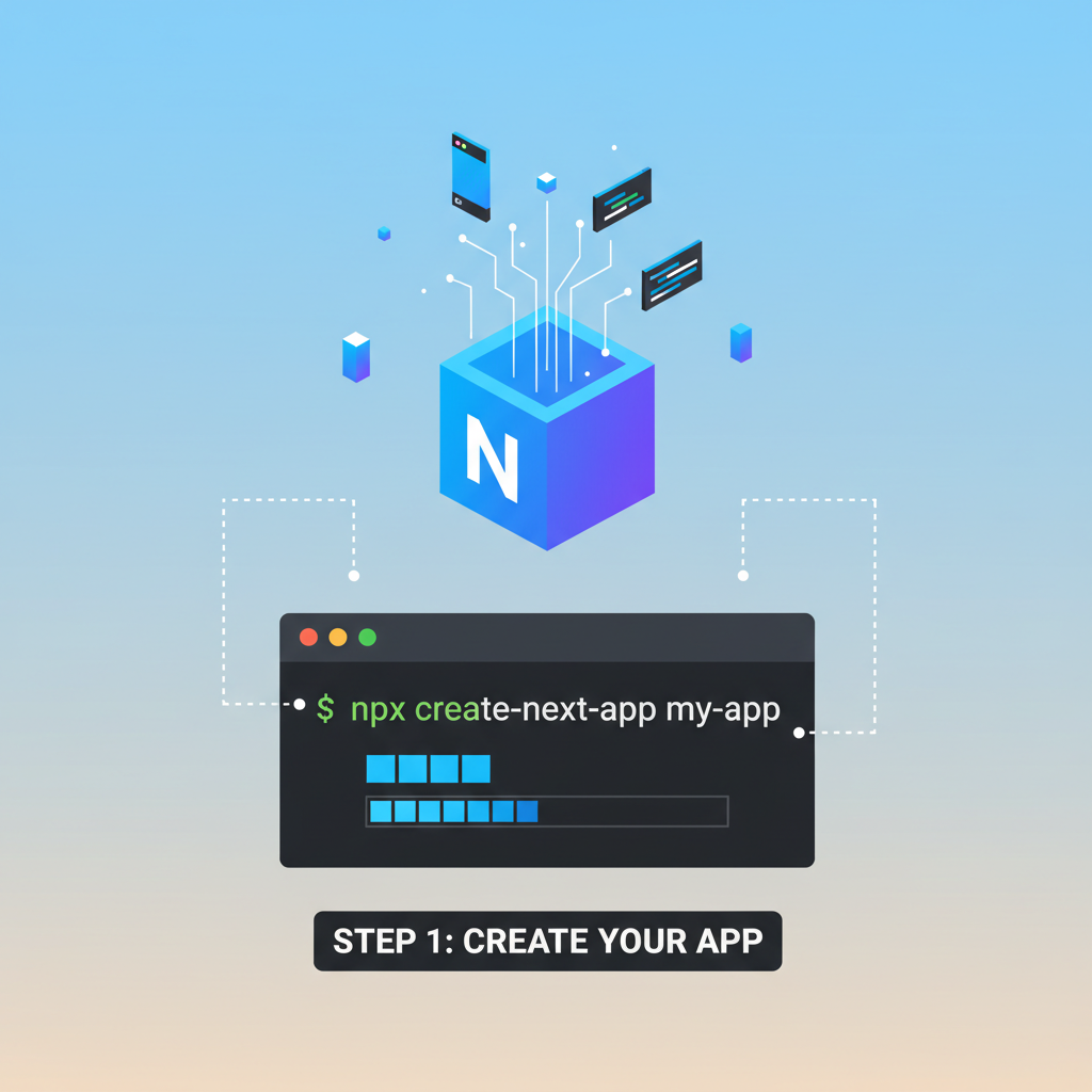 Command line terminal creating Next.js app with code flying