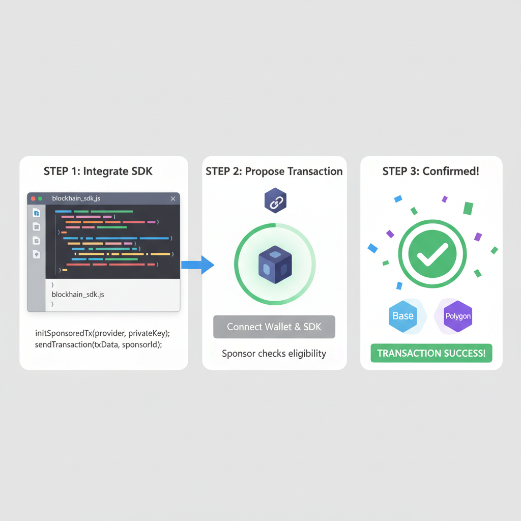 code editor integrating SDK for sponsored blockchain txs, success animations, Base Polygon logos pulsing